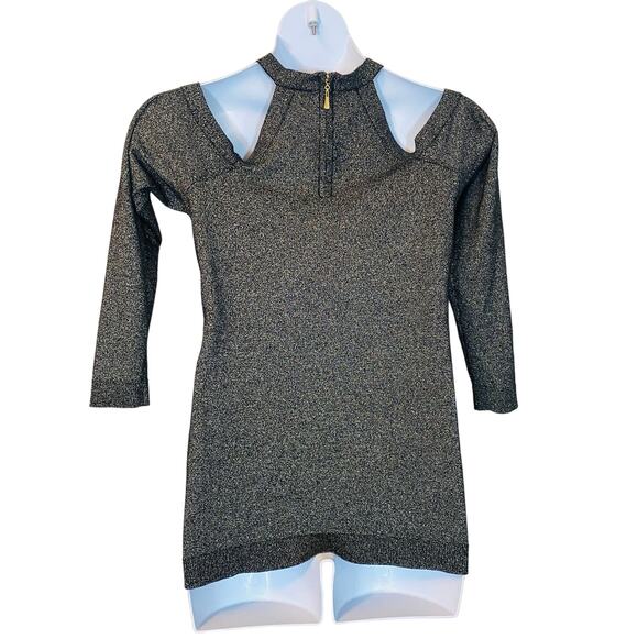 Torrid Cross Neck Cold Shoulder Lurex Pullover Sweater Black Gold Glitter Sz 1X - Picture 13 of 14
